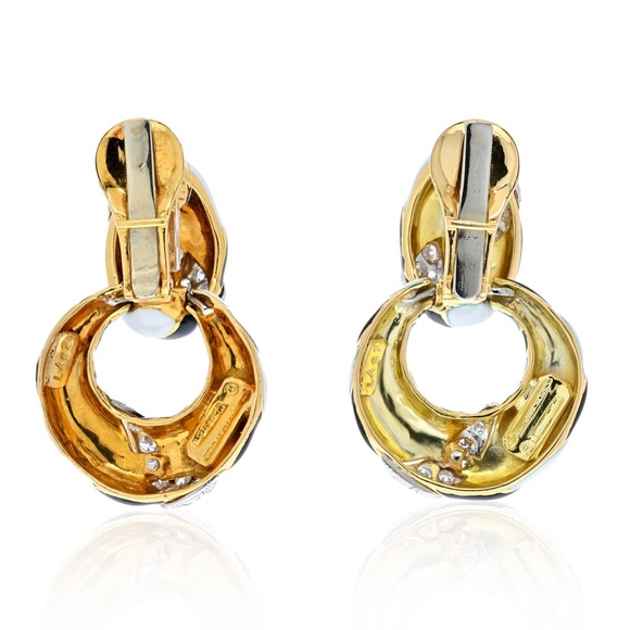 David Webb Platinum&Gold Black And White Enamel And Diamond Doorknocker Earrings - Picture 4 of 4